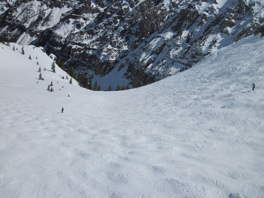 looking down into Telluride Revelation Bowl on sunny winter day