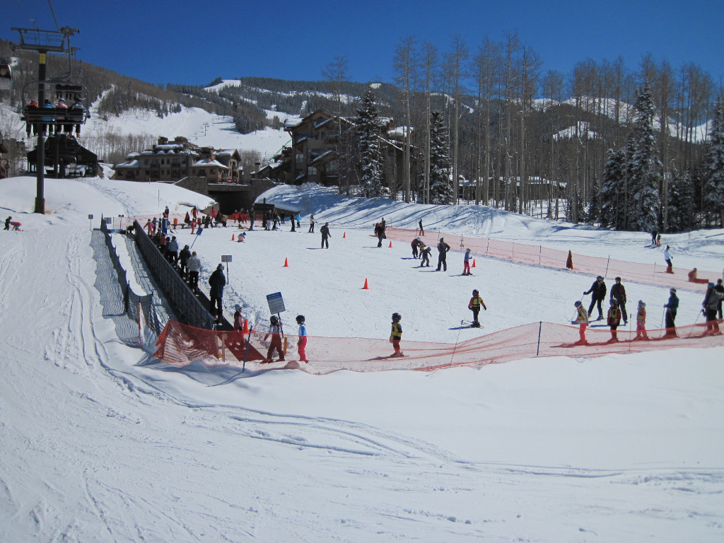 beginner learning zone at top of Meadows ski trail at Telluride seen from chairlift