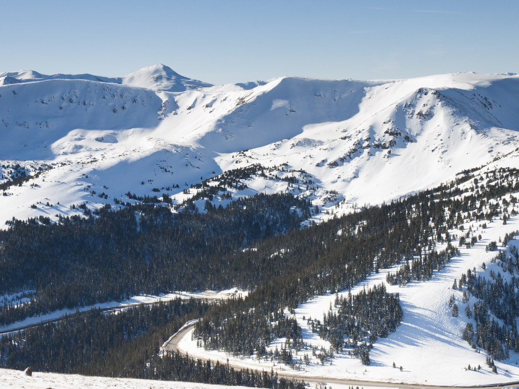 Berthoud Pass highway with former ski area near summit