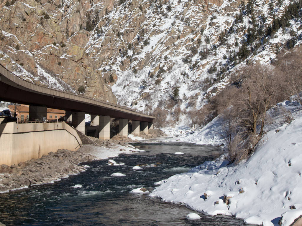 Colorado River below Interstate 70 running through Glenwood Canyon during the winter