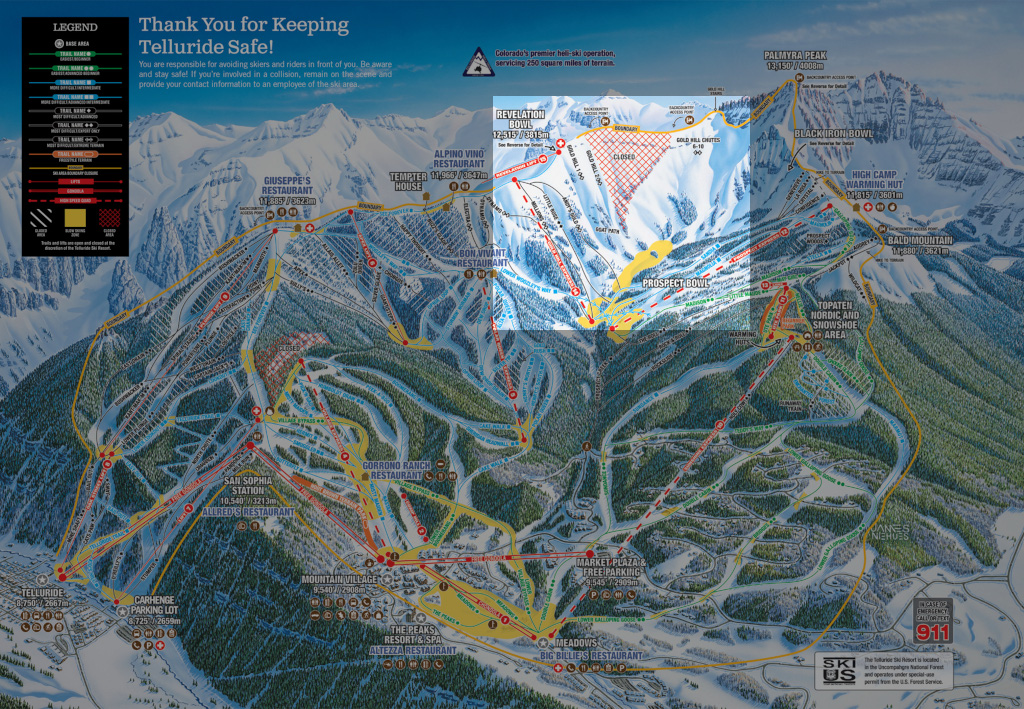 wide trail map showing highlighted Gold Hill Chutes area