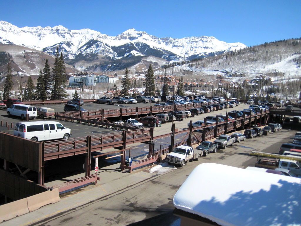 overhead view of the Telluride free parking garage near the free gondola