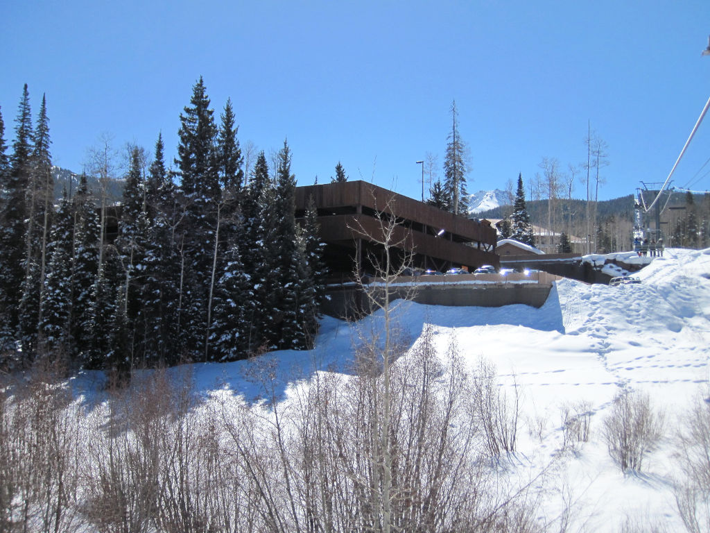 view from chairlift of the free gondola parking garage in Telluride, CO