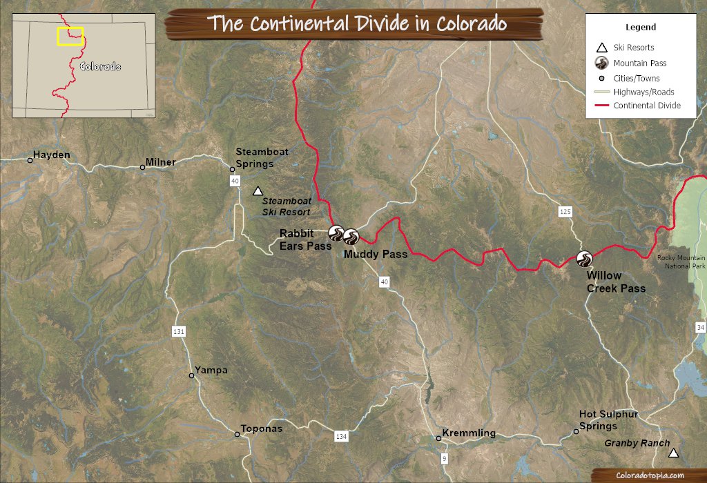 The Contiental Divide in Colorado section with Rabbit Ears Pass and Muddy Pass