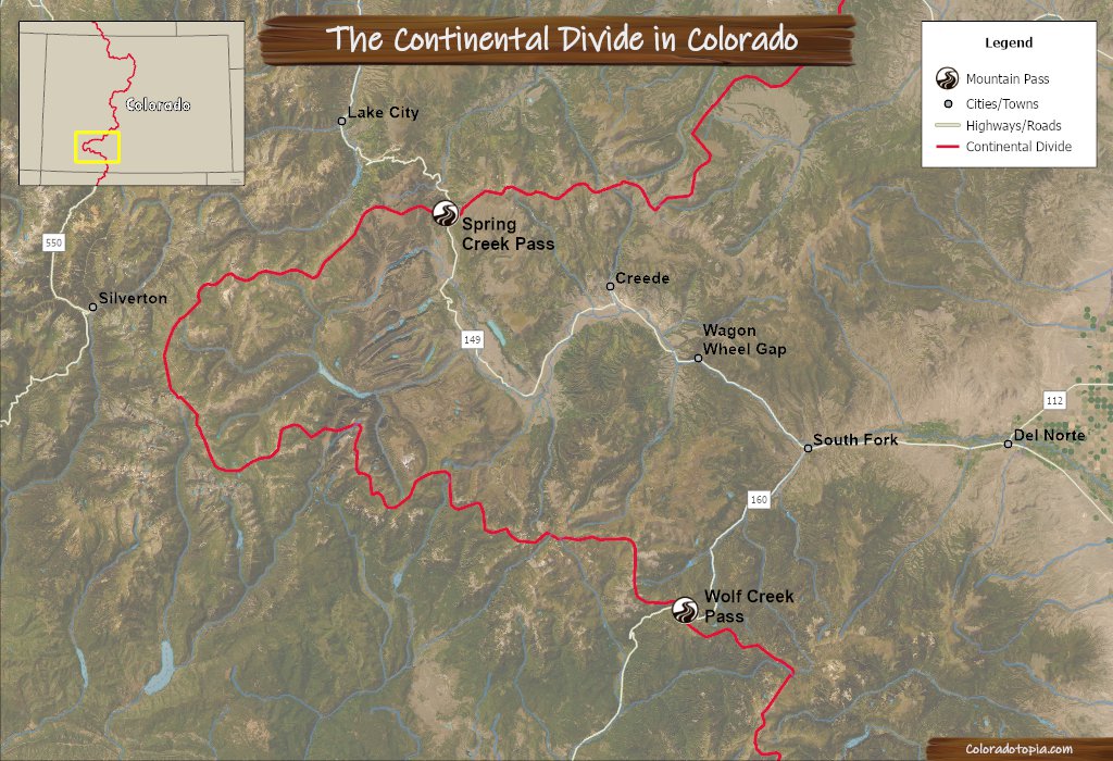 Map of the Continental Divide in Colorado section showing Spring Creek Pass and Wolf Creek Pass