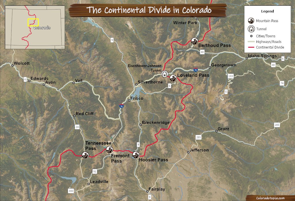 Map of the Continental Divide in Colorado segment with Berthoud Pass, Loveland Pass, Hoosier Pass, Fremont Pass, Tennessee Pass
