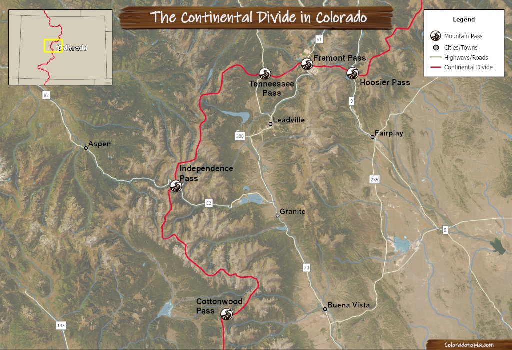 Map of the Continental Divide in Colorado showing Hoosier Pass, Fremont Pass, Tennessee Pass, Independence Pass, Cottonwood Pass