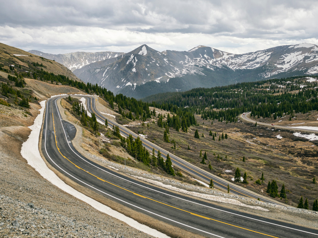 Cottonwood Pass hairpin curve in Colorado during the spring season