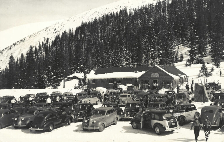 Berthoud Pass Continental Divide parking lot and signs with cards circa 1940s