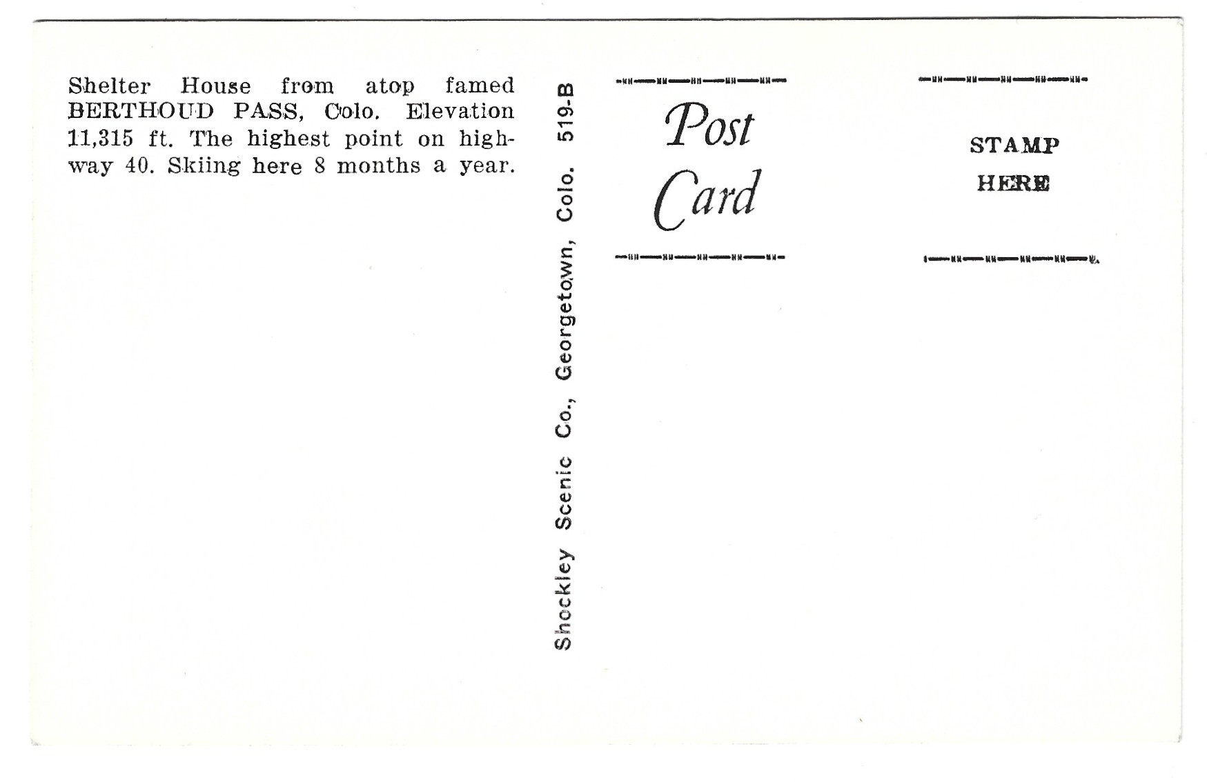 Berthoud Pass shelter house and Berthoud Pass Continental Divide Sign Postcard #CB-519-B backside scan