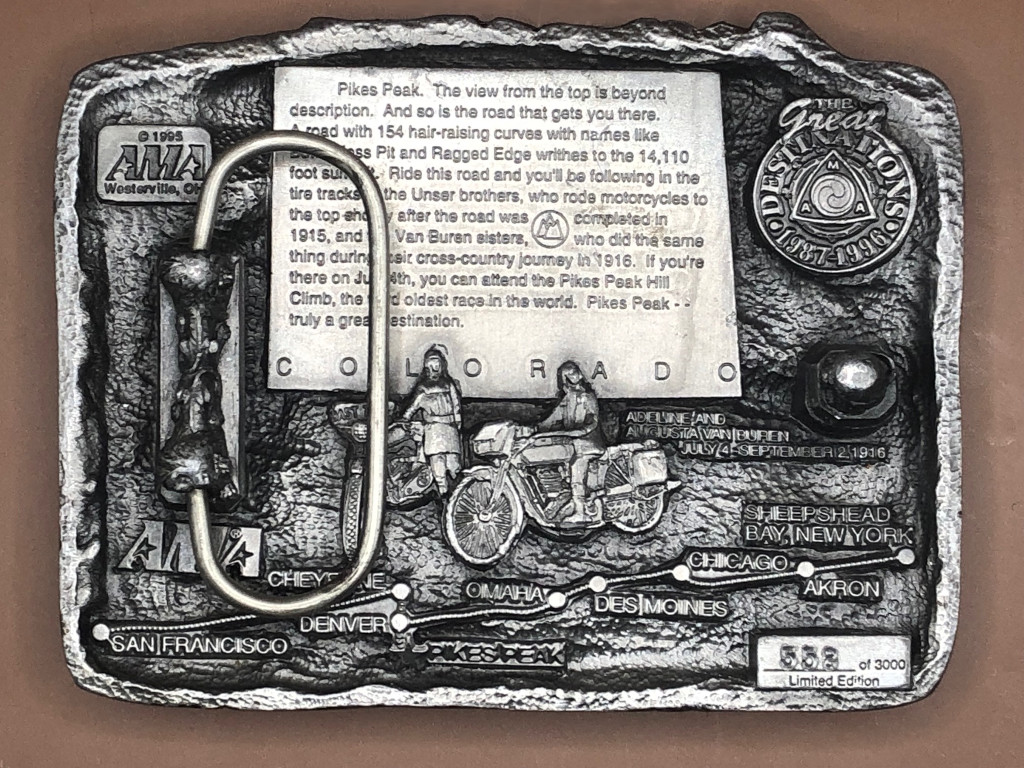 backside of 1996 American Motorcycle Association Pikes Peak belt buckle celebrating the Van Buren sisters