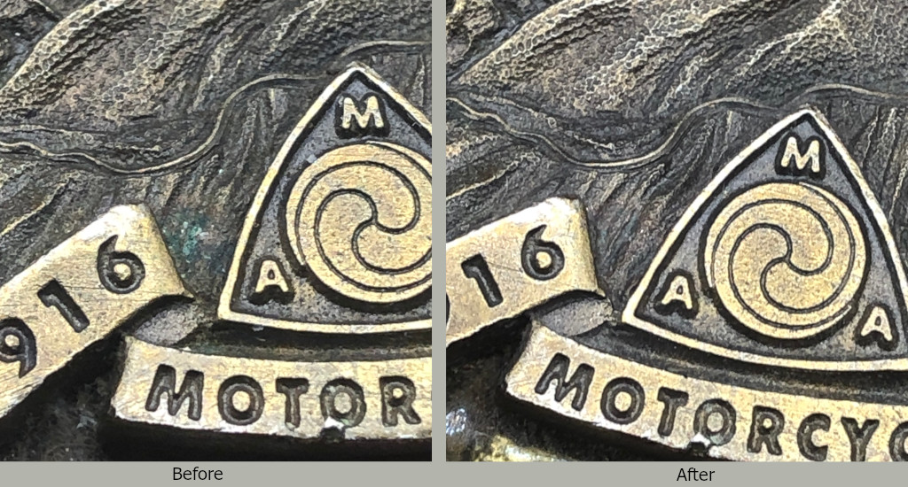 before and after images showing cleaning of 1996 Pikes Peak belt buckle celebrating the Van Buren sisters