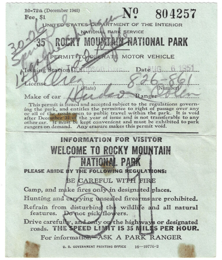 1951 Rocky Mountain National Park Automobile Permit RMNP-804257 front