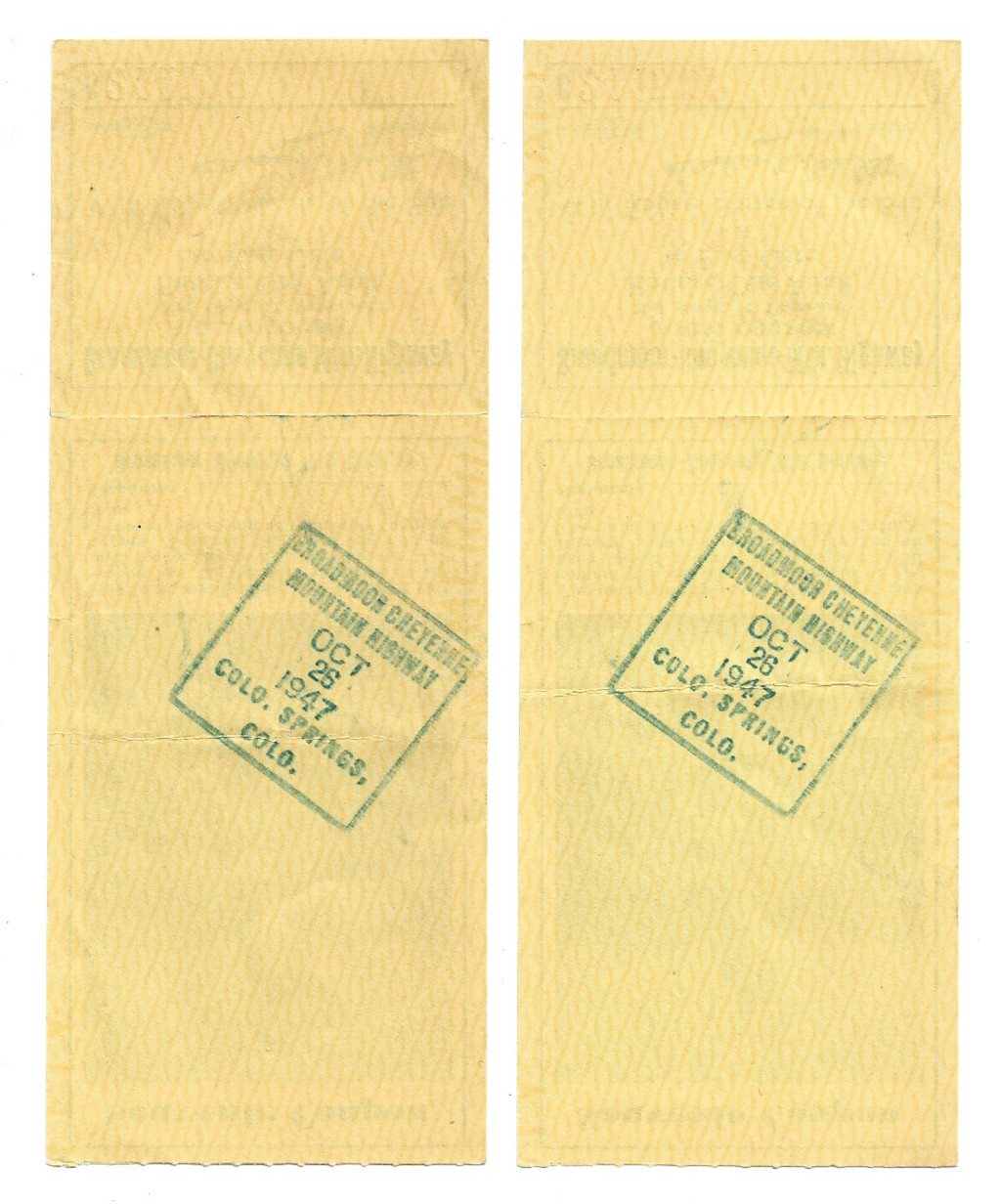 1947 Cheyenne Mountain Highway Souvenir Toll Ticket Lot LT-C24457 backside scan