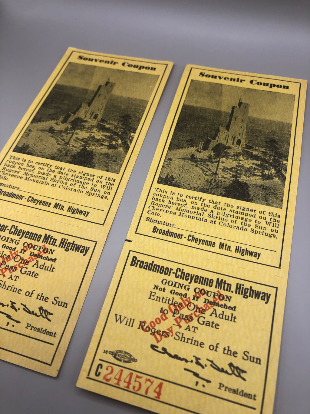 1947 Cheyenne Mountain Highway Souvenir Toll Ticket Lot LT-C24457 light box photograph of both tickets