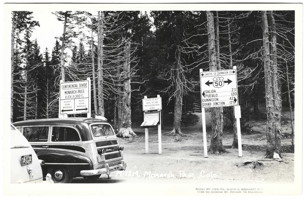 1951 Monarch Pass Continental Divide Sign Postcard CMO-M-1219 full scan