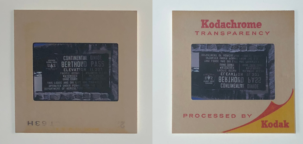 photograph showing front and back of 1963 Berthoud Pass Continental Divide Sign Kodachrome Slide #CB-6322