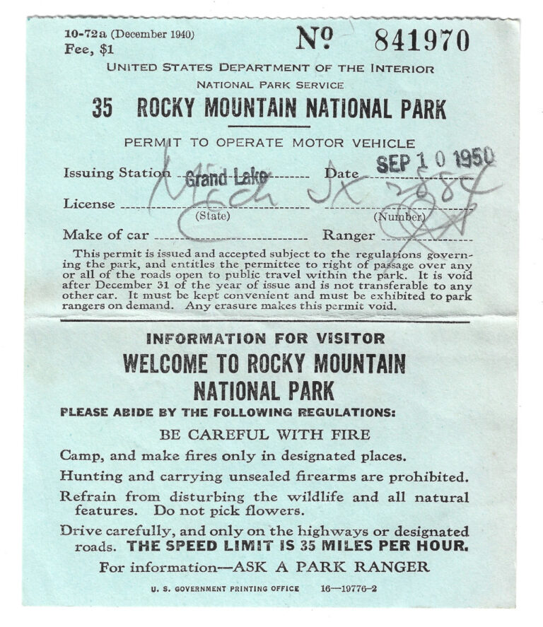 1950 Rocky Mountain National Park Vehicle Permit