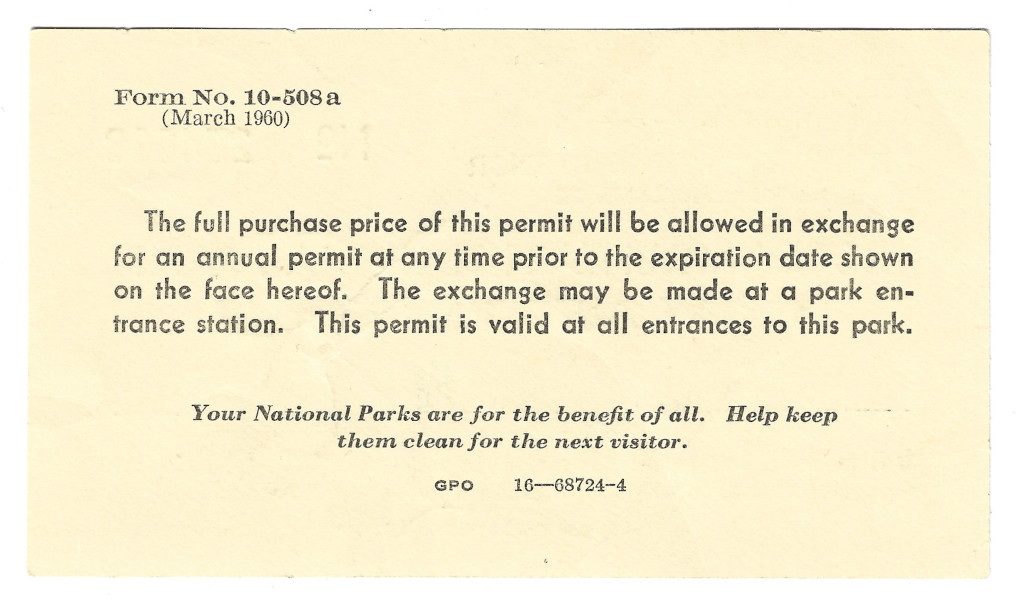 1962 Rocky Mountain National Park 15-Day Automobile Permit backside