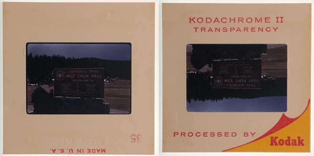 front and back of 1961 Wolf Creek Pass Continental Divide Sign Slide CWO-61C