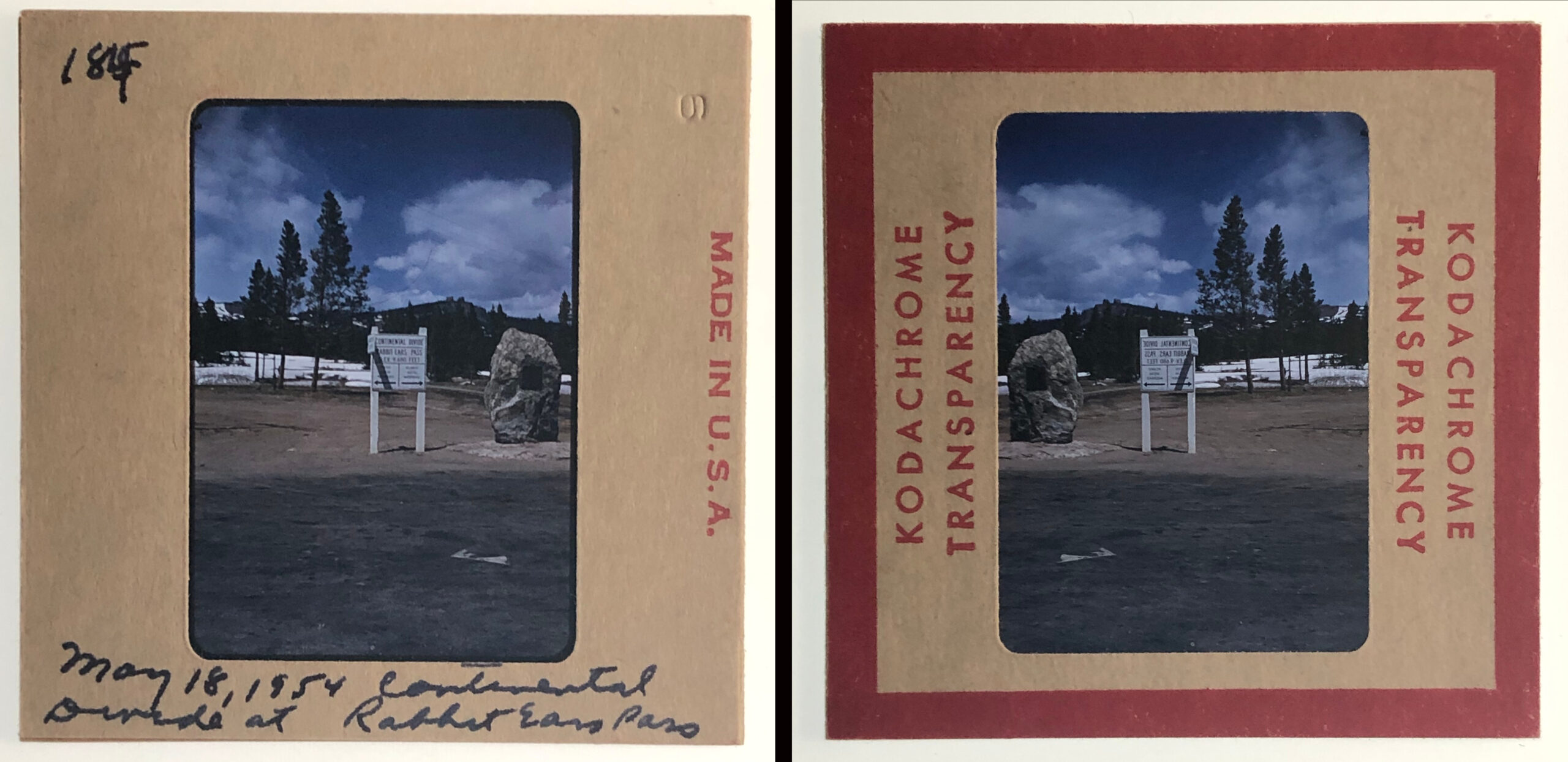 1954 Rabbit Ears Pass Continental Divide Sign Kodachrome Slide CRA-184 front and back of slide