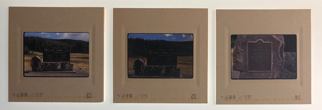 1968 Wolf Creek Pass Continental Divide Sign Kodachrome Slide Lot CWO-68P4 front of slides