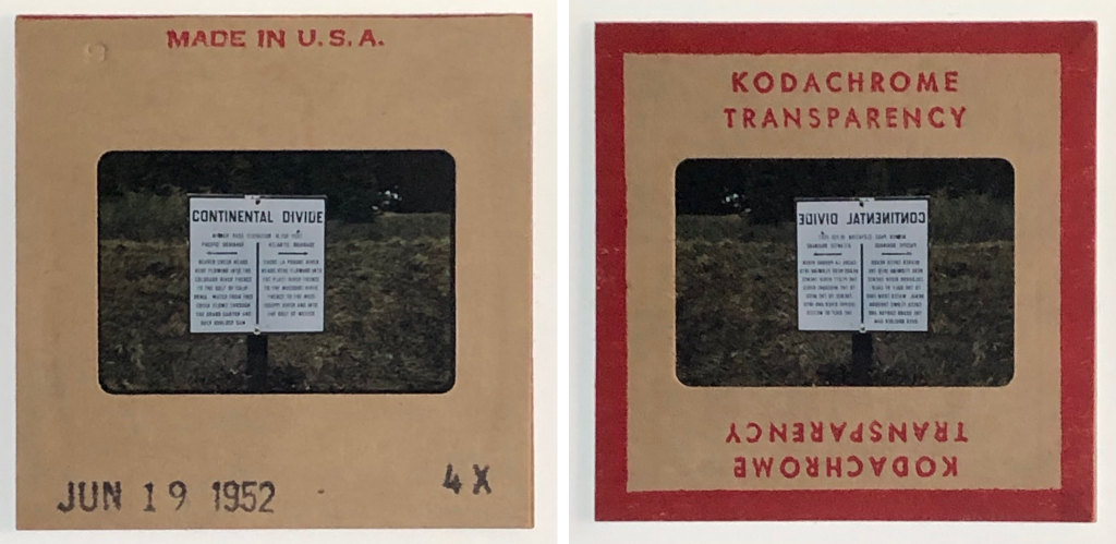 Milner Pass Continental Divide sign in 1952 slide CML-C4X front and back of slide