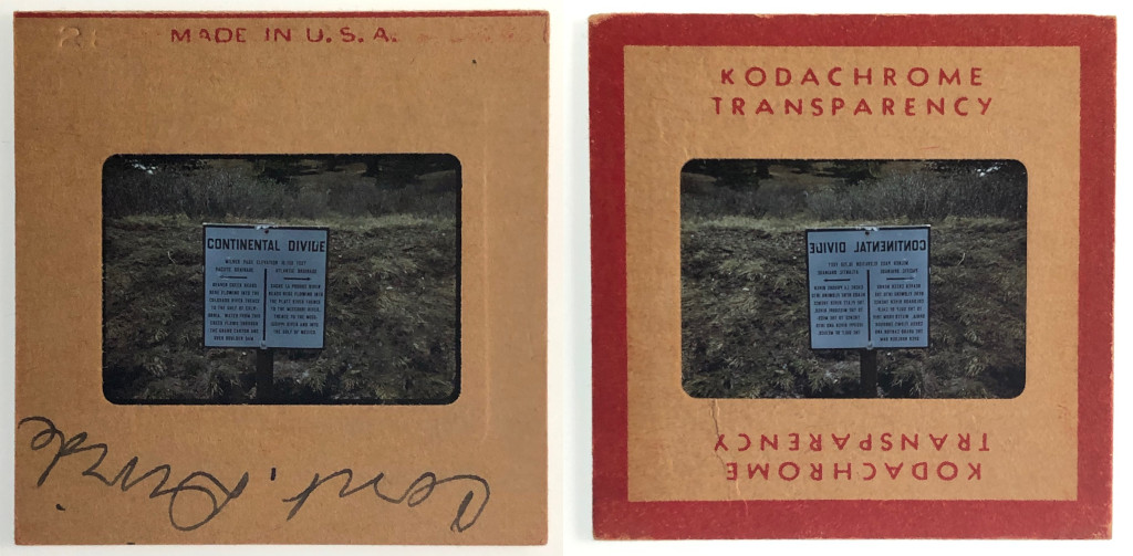 Milner Pass Continental Divide sign circa 1947-1952 slide front and back