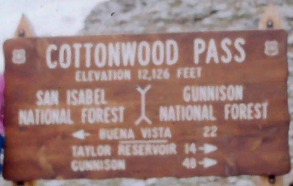 Cottonwood Pass Continental Divide sign in 1960 closeup