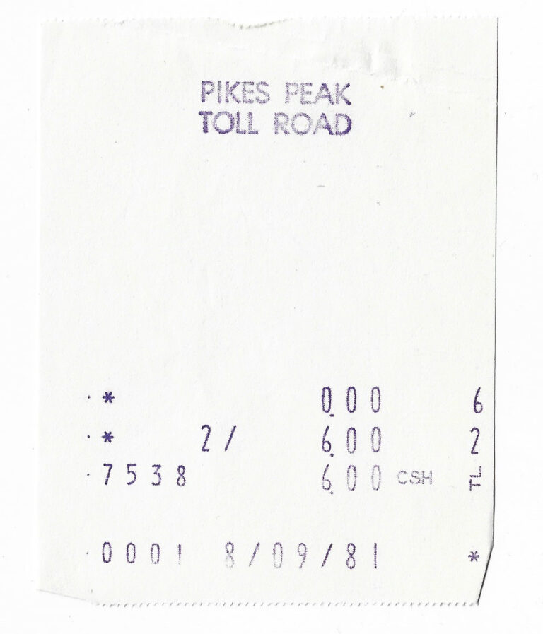 1981 Pikes Peak Toll Road Receipt PIK-7538 front scan