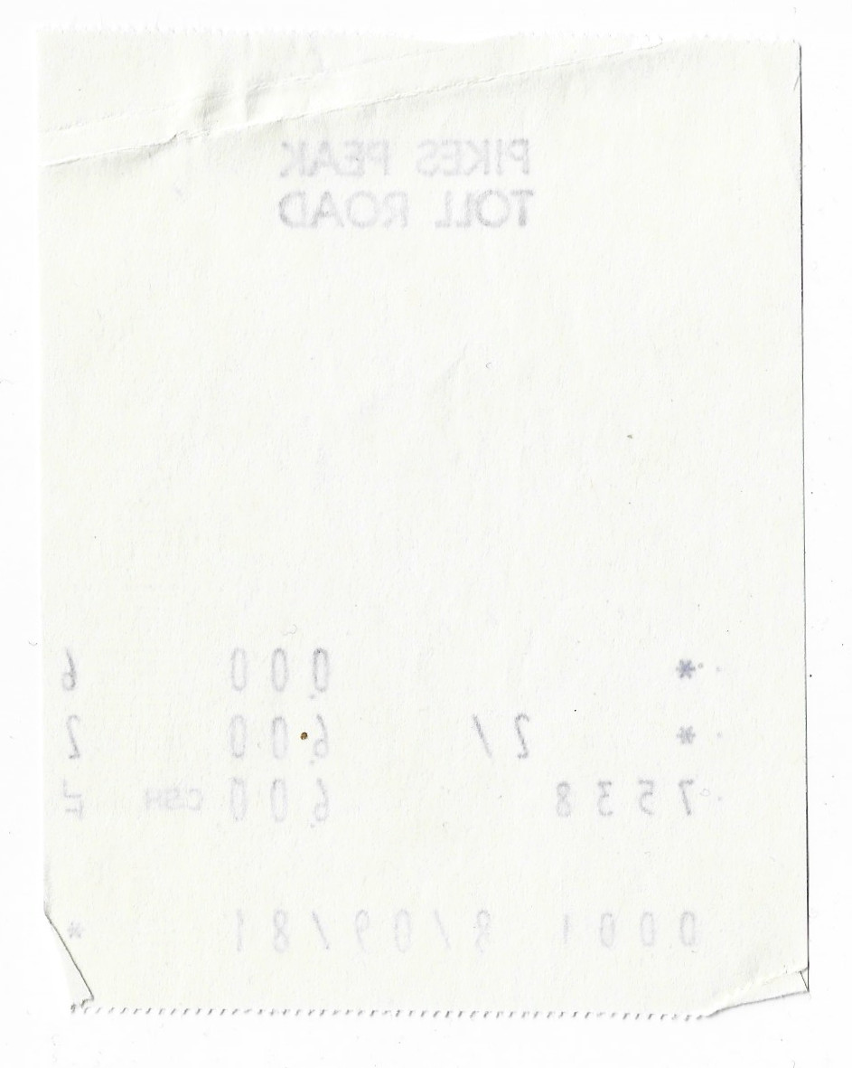 1981 Pikes Peak Toll Road Receipt PIK-7538 backside scan